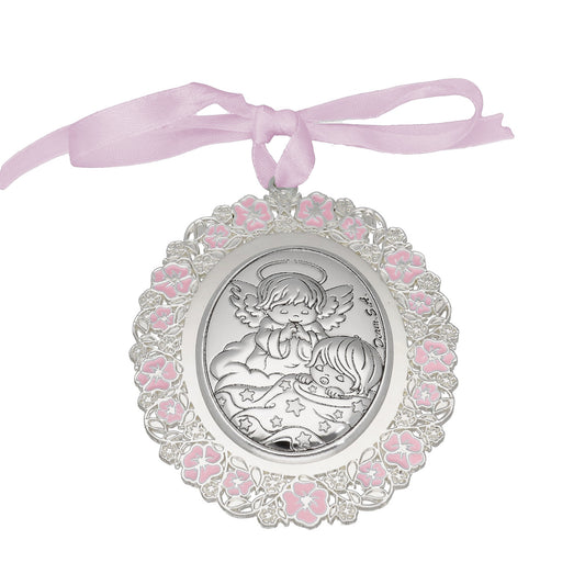 Medalla Cuna Baño de Plata con esmaltado Rosa Niño y Ángel de la Guarda