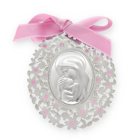 Medalla ovalada de Cuna Baño de Plata con esmaltado Rosa Virgen con Niño