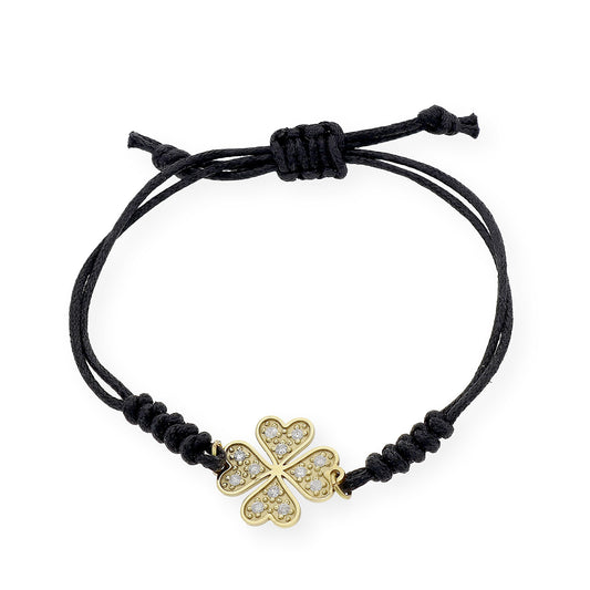 Pulsera Macramé de Oro de Ley con Diamantes y Diseño de Trébol