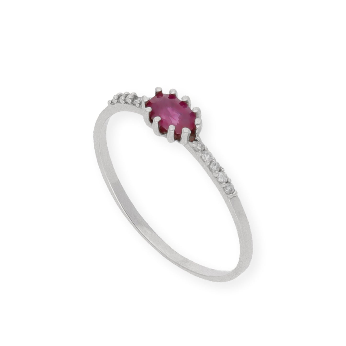 Anillo Loto en Oro Blanco 18K con Rubí Oval en Garra y Diamantes