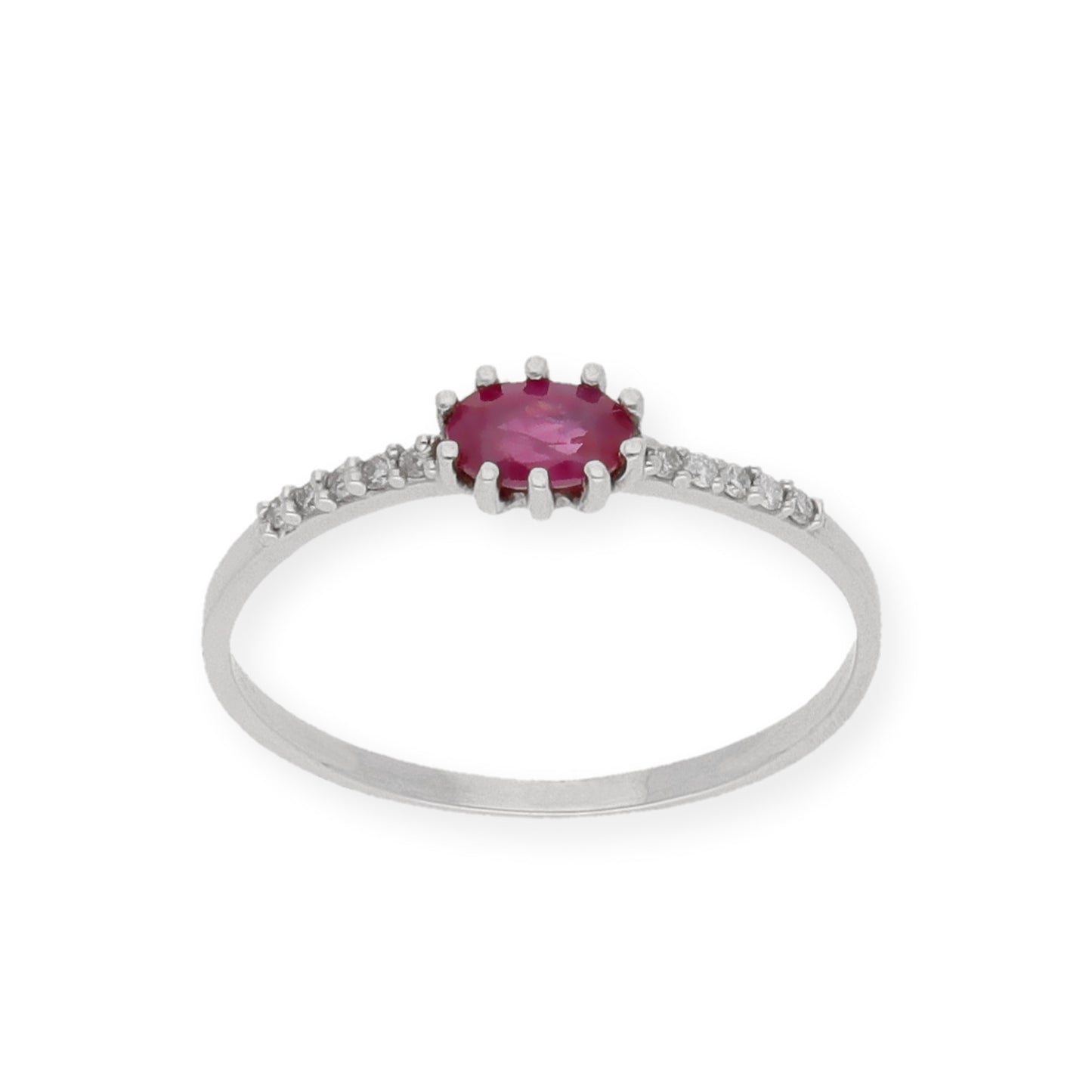 Anillo Loto en Oro Blanco 18K con Rubí Oval en Garra y Diamantes