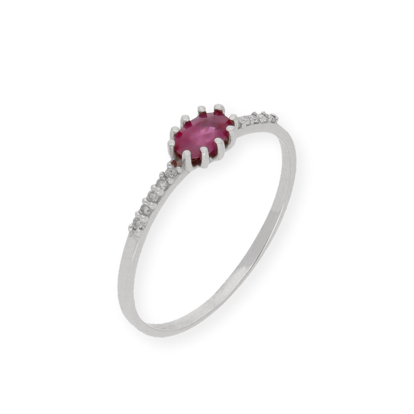 Anillo Loto en Oro Blanco 18K con Rubí Oval en Garra y Diamantes