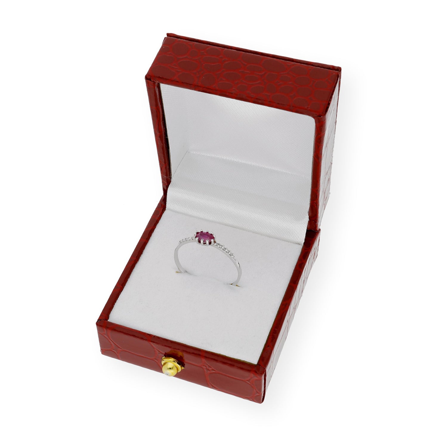 Anillo Loto en Oro Blanco 18K con Rubí Oval en Garra y Diamantes