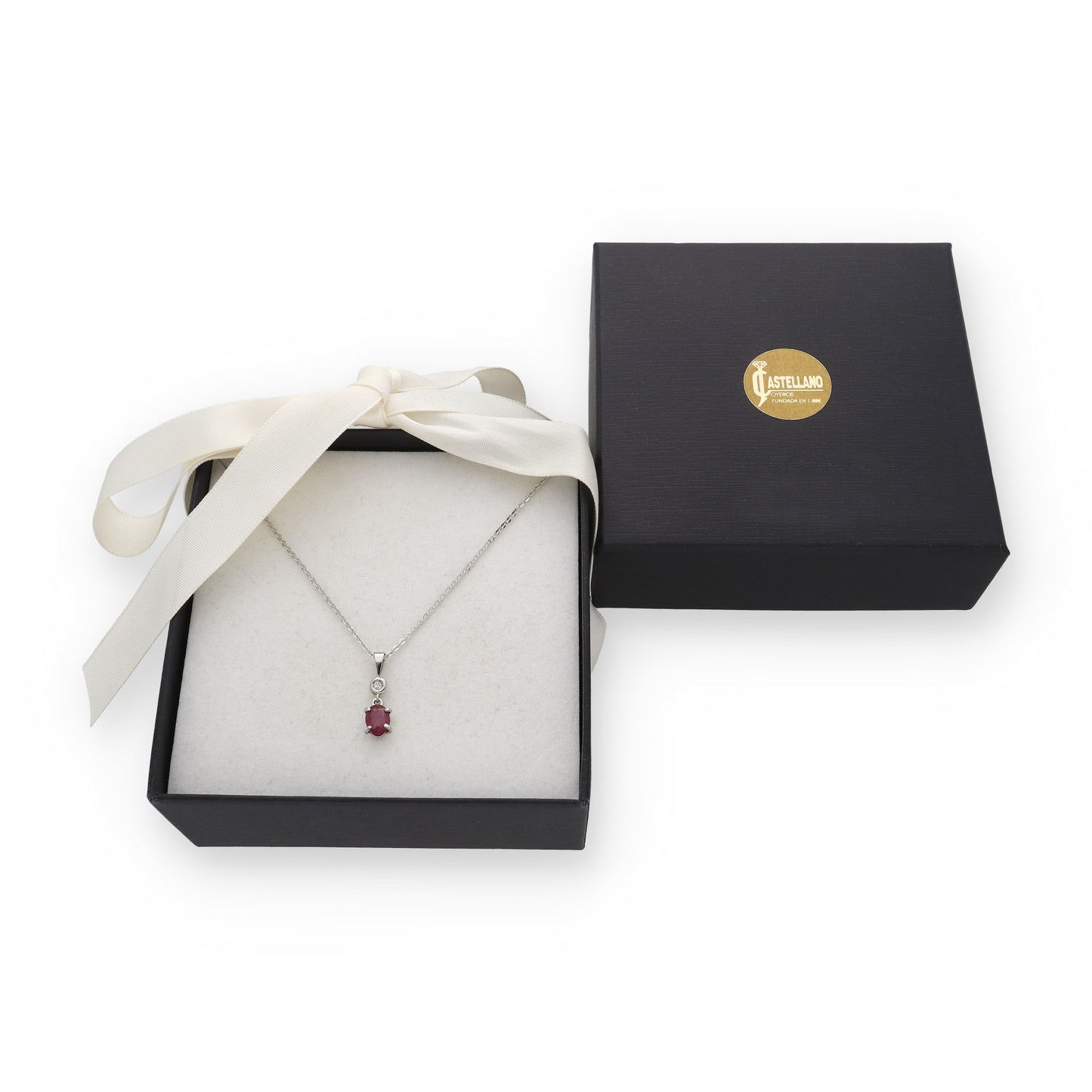 Collar con Colgante Rose con Diamante y Rubí en Oro Blanco 18k