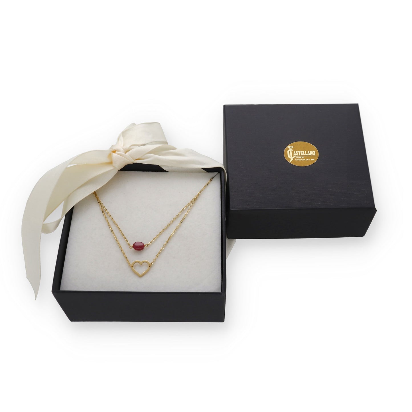 Gargantilla Doble Indira Oro 18K y Rubí Diseño de Corazón