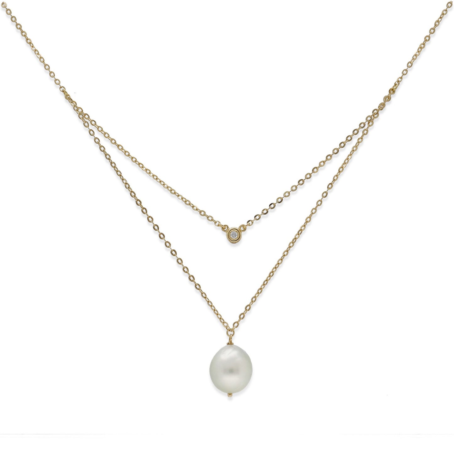 Collar Doble Modelo Ariel de Oro 18k con Diamante y Perla Australiana Natural