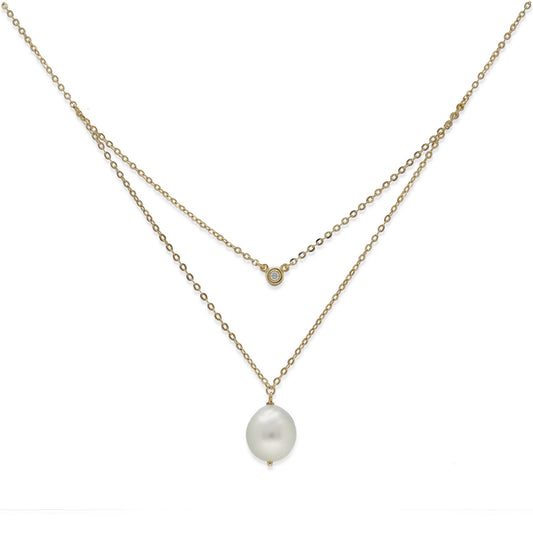 Collar Doble Modelo Ariel de Oro 18k con Diamante y Perla Australiana Natural