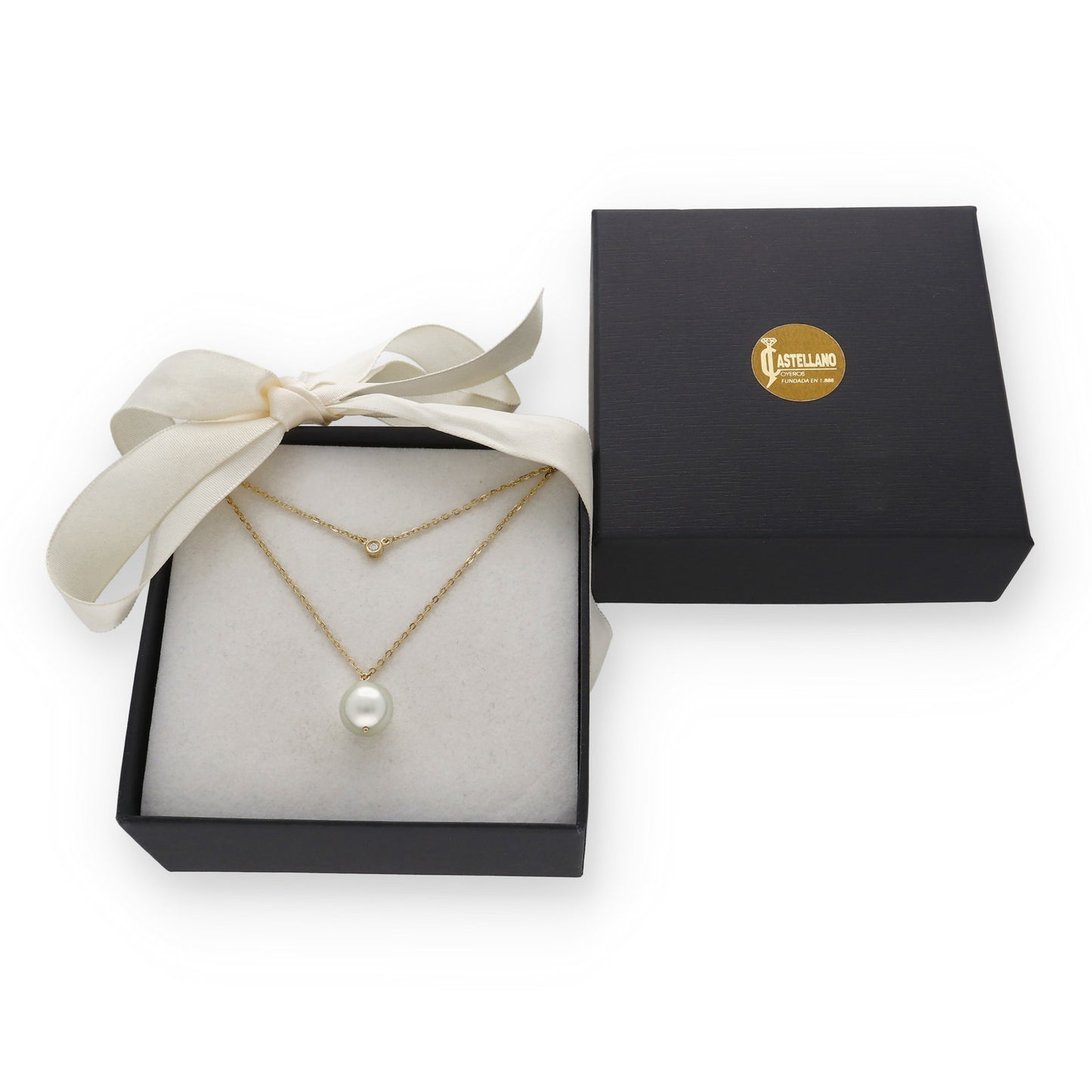 Collar Doble Modelo Ariel de Oro 18k con Diamante y Perla Australiana Natural