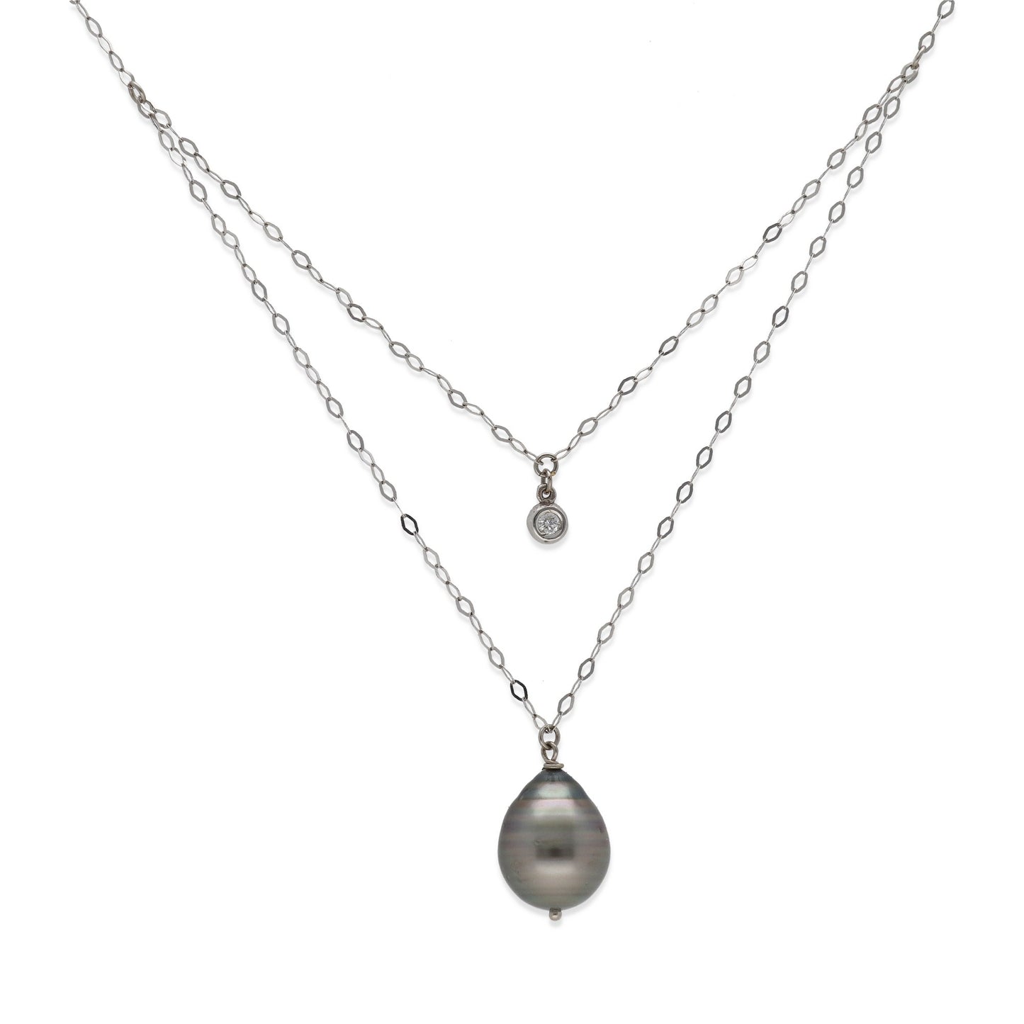 Collar Doble Modelo Ariel de Oro Blanco 18k con Diamante y Perla Tahití Natural