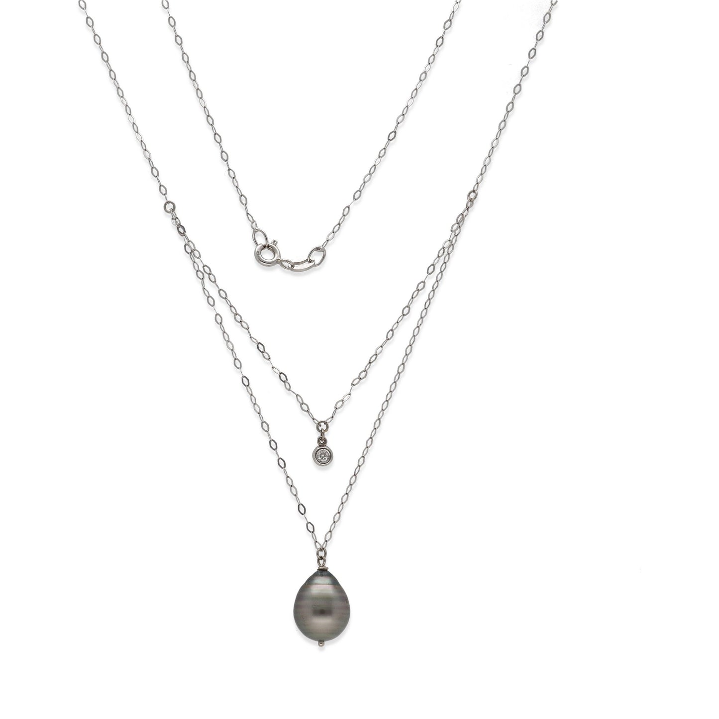 Collar Doble Modelo Ariel de Oro Blanco 18k con Diamante y Perla Tahití Natural