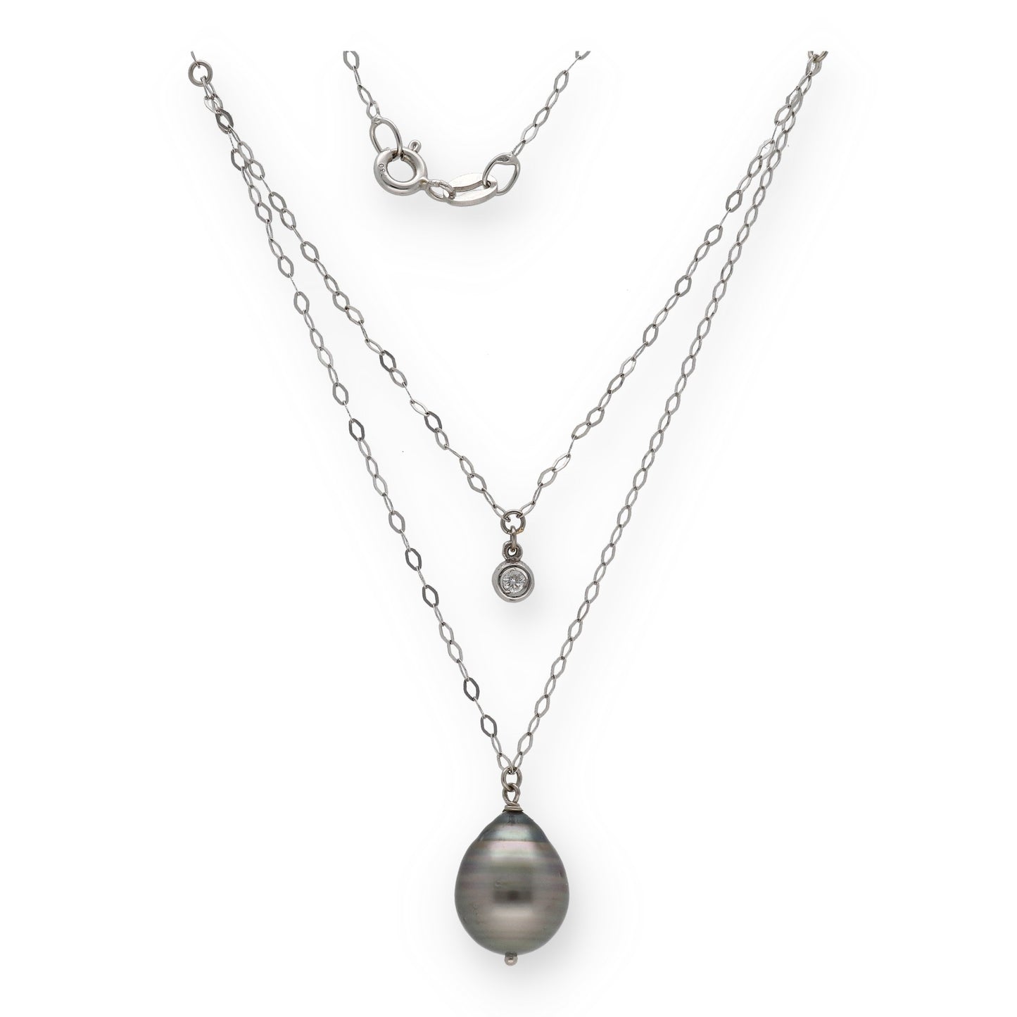 Collar Doble Modelo Ariel de Oro Blanco 18k con Diamante y Perla Tahití Natural