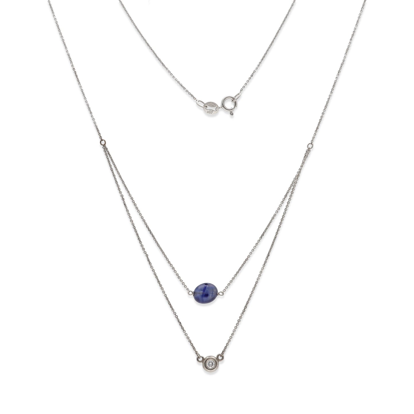 Collar Doble Juliette de Oro Blanco 18k con Diamante y Zafiro