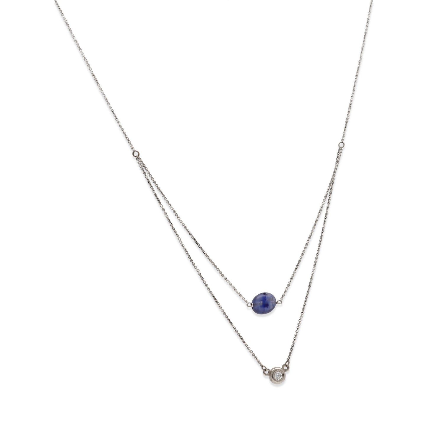 Collar Doble Juliette de Oro Blanco 18k con Diamante y Zafiro