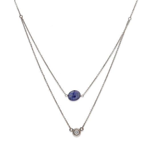 Collar Doble Juliette de Oro Blanco 18k con Diamante y Zafiro
