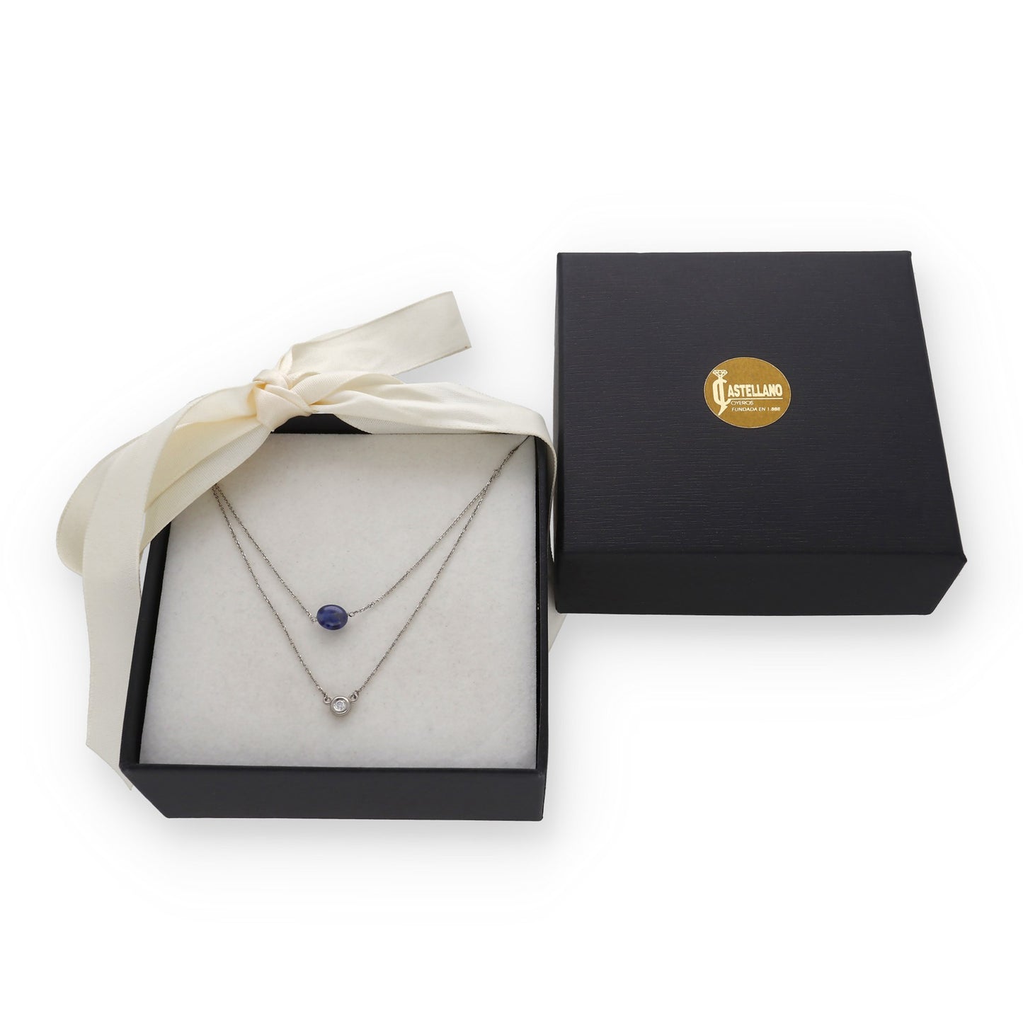 Collar Doble Juliette de Oro Blanco 18k con Diamante y Zafiro