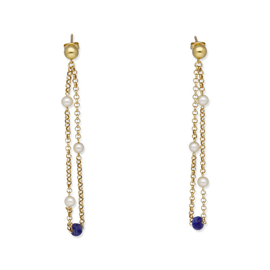 Pendientes Miray Estilo Colgantes de Oro 18k Perlas Akoya y Zafiros