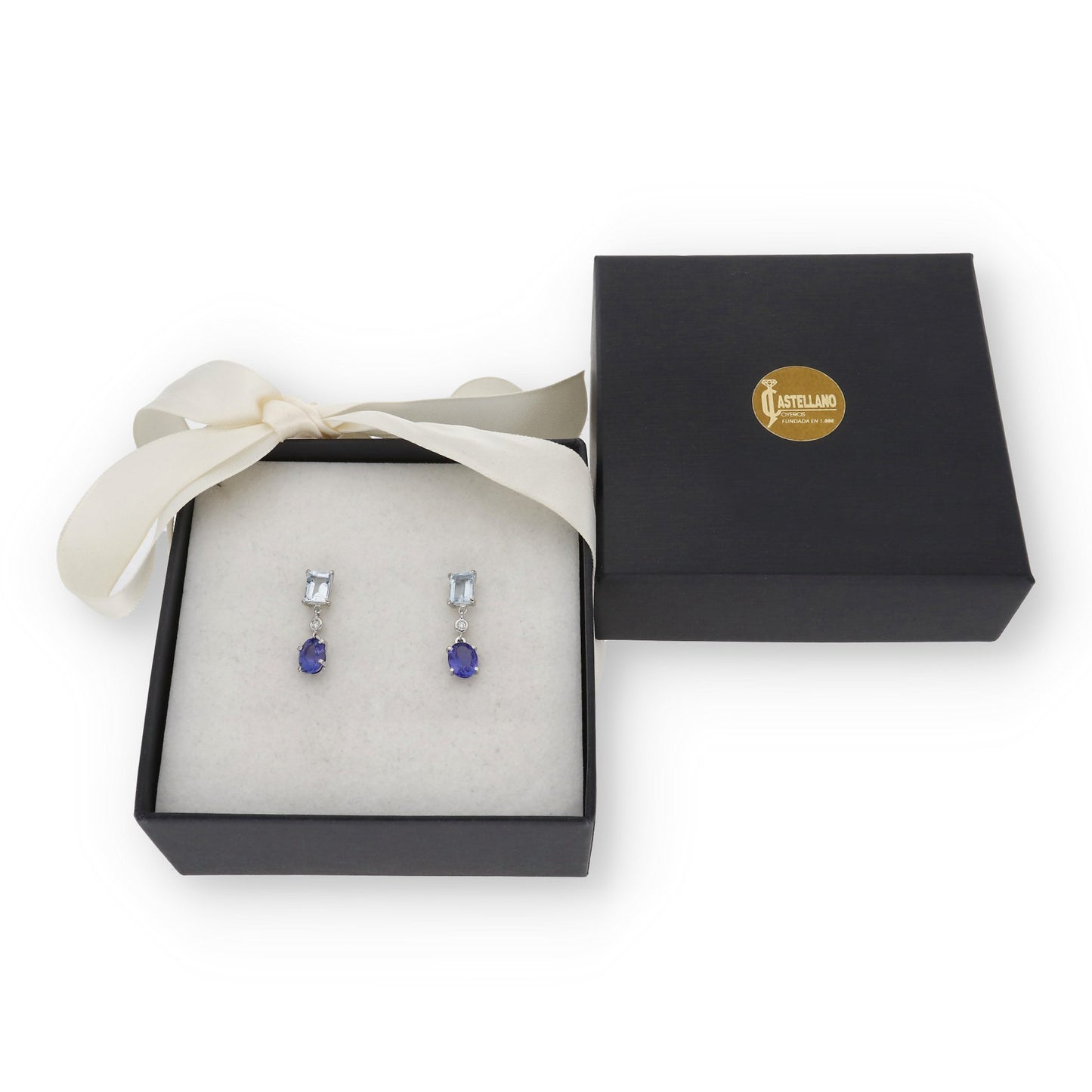 Pendientes Troya en Oro Blanco 18k con Aguamarinas, Tanzanita y Diamante