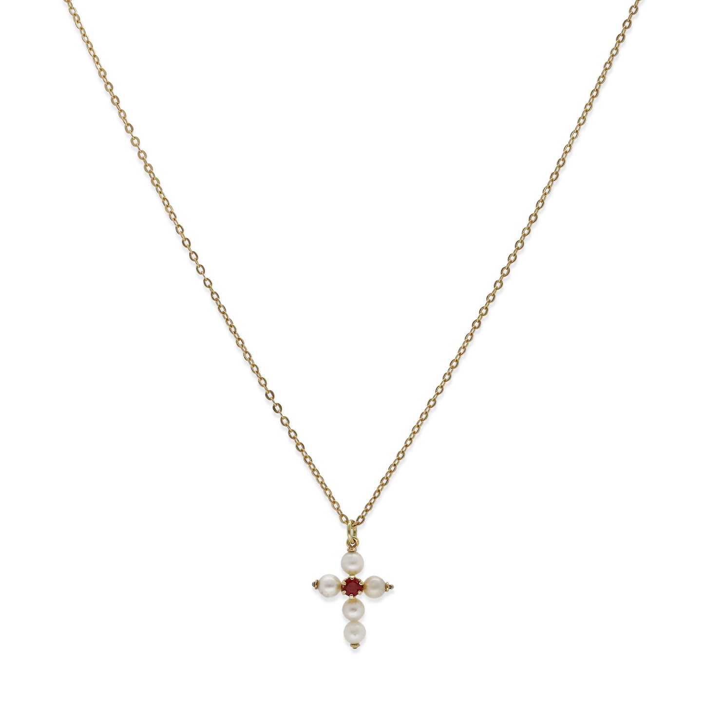 Collar con Colgante "Mi Primera Comunión" en Oro 18k con Perlas y Rubí Diseño de Cruz