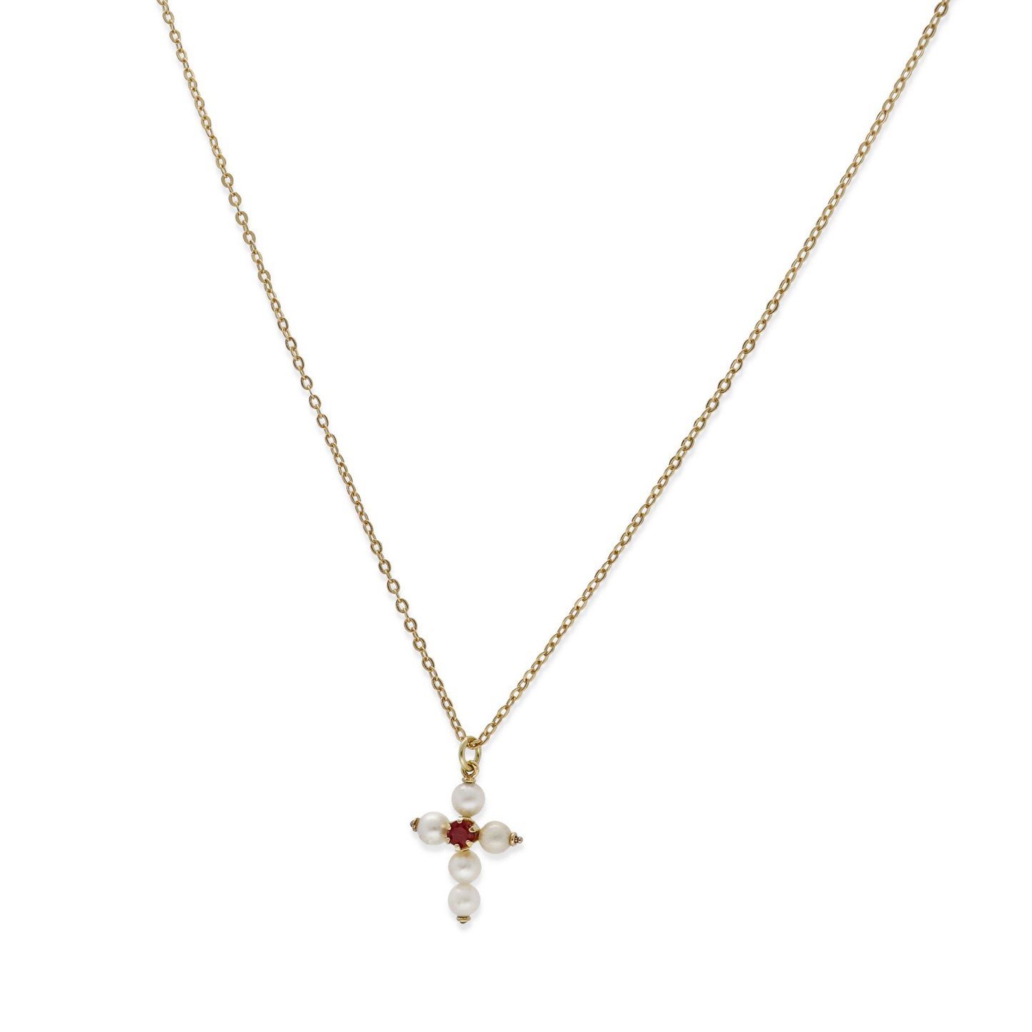 Collar con Colgante "Mi Primera Comunión" en Oro 18k con Perlas y Rubí Diseño de Cruz