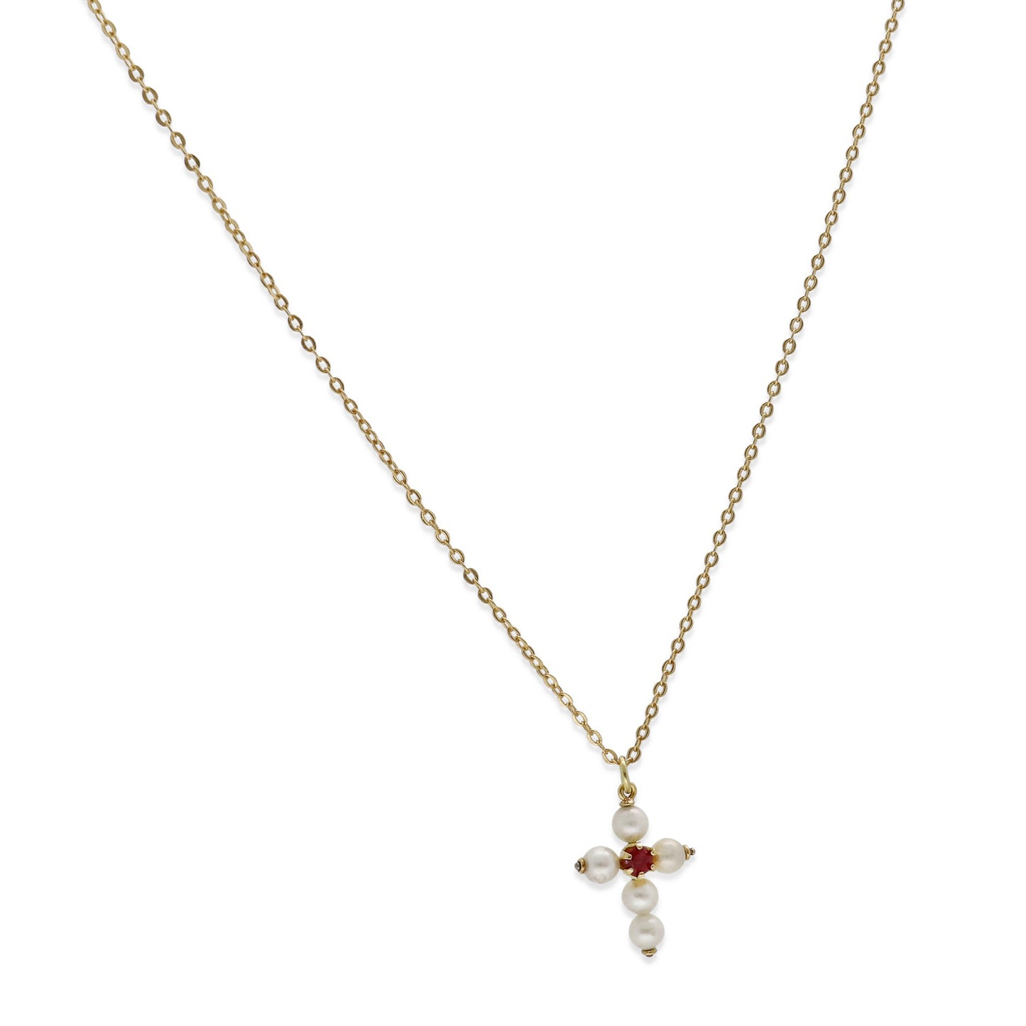 Collar con Colgante "Mi Primera Comunión" en Oro 18k con Perlas y Rubí Diseño de Cruz