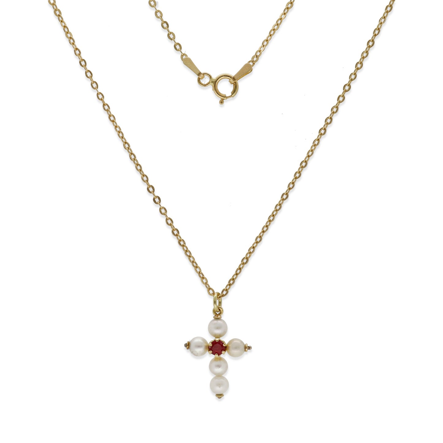 Collar con Colgante "Mi Primera Comunión" en Oro 18k con Perlas y Rubí Diseño de Cruz