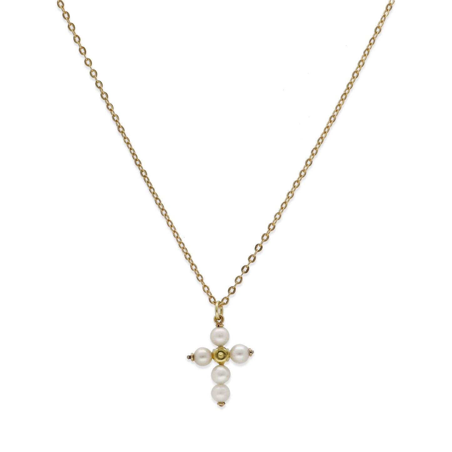 Collar con Colgante "Mi Primera Comunión" en Oro 18k con Perlas y Rubí Diseño de Cruz