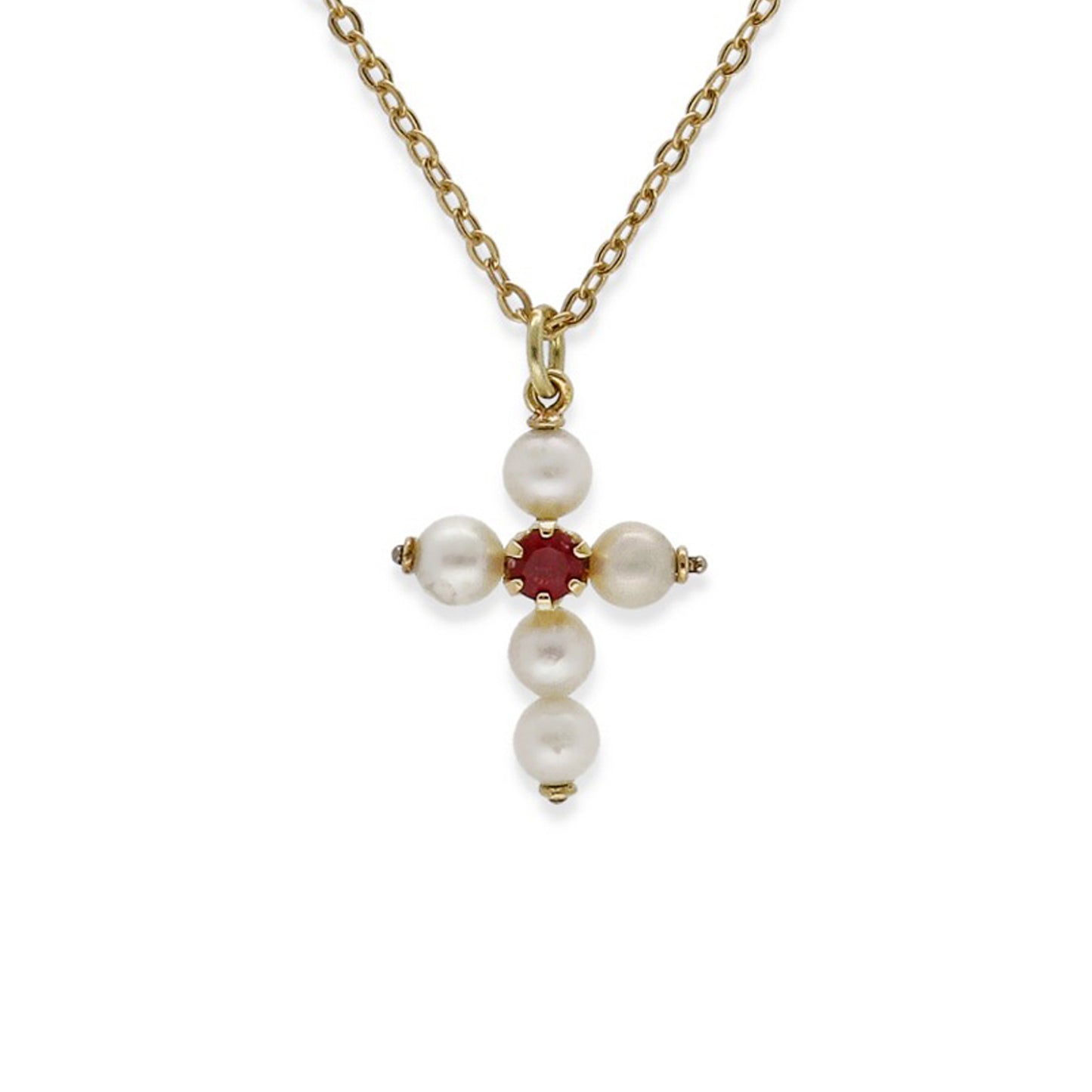 Collar con Colgante "Mi Primera Comunión" en Oro 18k con Perlas y Rubí Diseño de Cruz