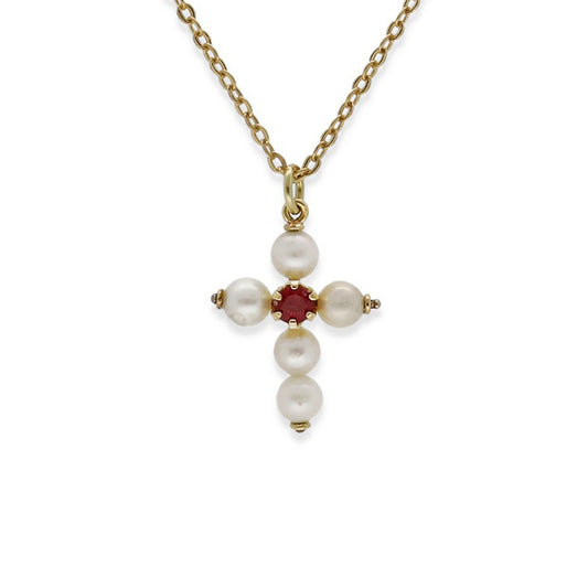 Collar con Colgante "Mi Primera Comunión" en Oro 18k con Perlas y Rubí Diseño de Cruz