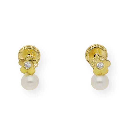 Pendientes Flor Bebé en Oro 18k con Perlas y Circonita
