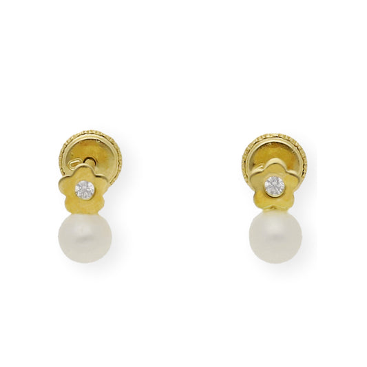 Pendientes Bebé Oro con Perlas y flor circonita 18k