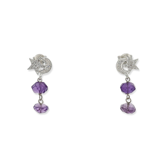 Pendientes Leila en Plata de Ley 925 con Amatistas y Media Luna y Estrella