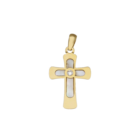 Cruz Hades en Oro Amarillo 18 K con Nacar y Circonita