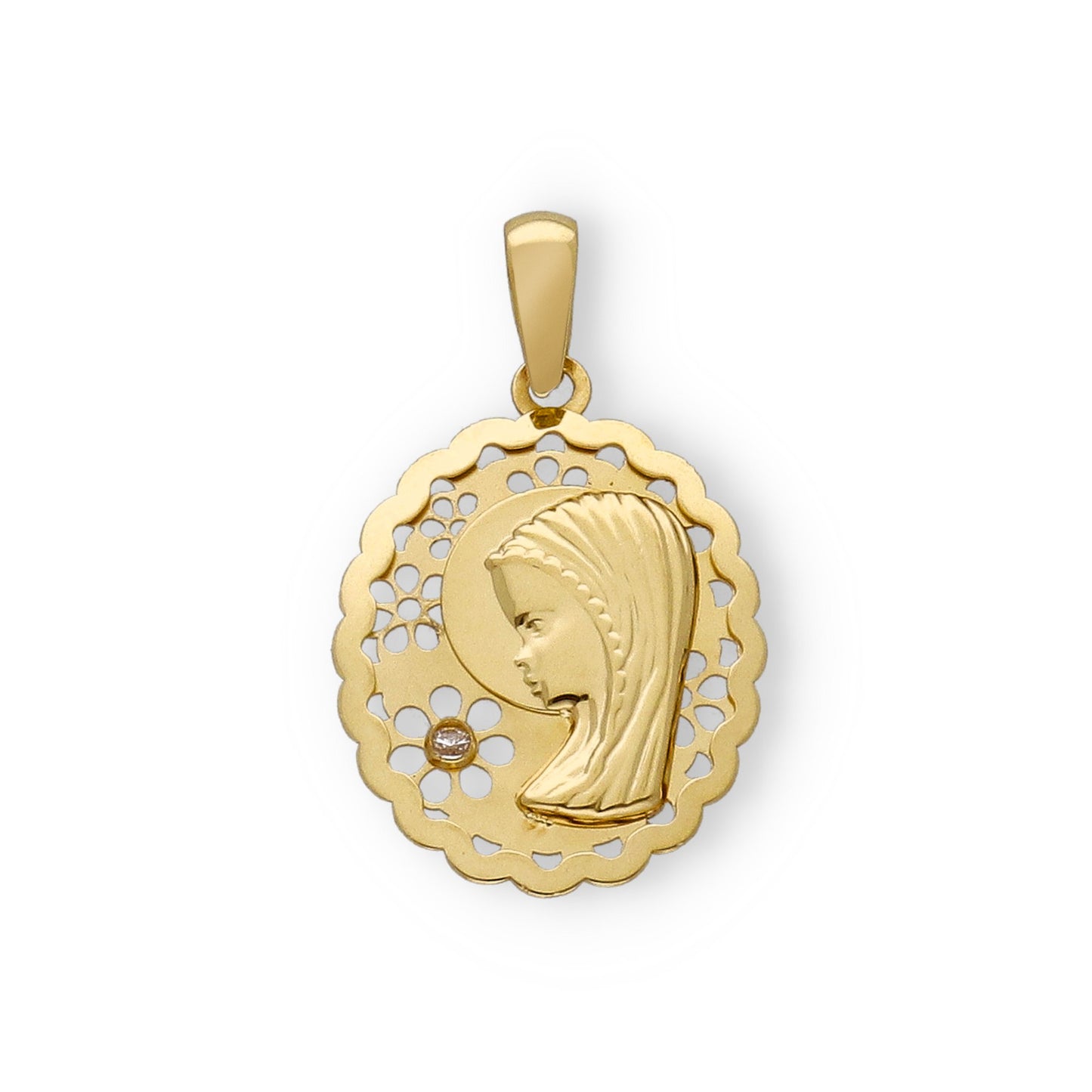 Medalla Virgen Niña María 1ª Comunión oval calada 18k