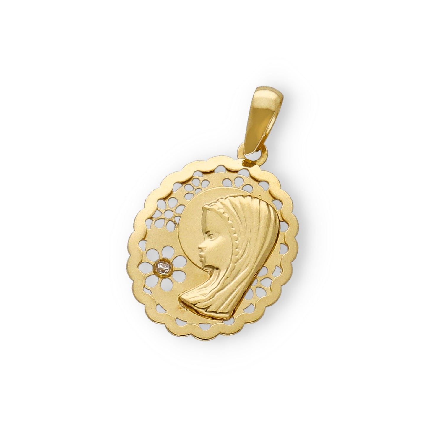 Medalla Virgen Niña María 1ª Comunión oval calada 18k