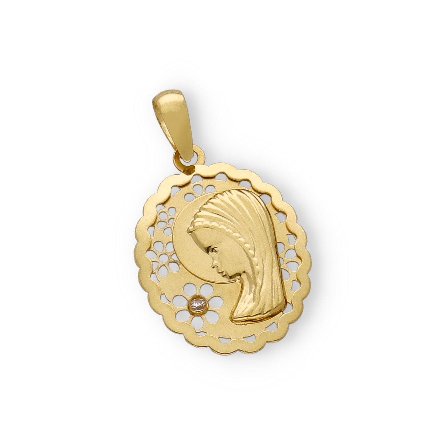 Medalla Virgen Niña María 1ª Comunión oval calada 18k