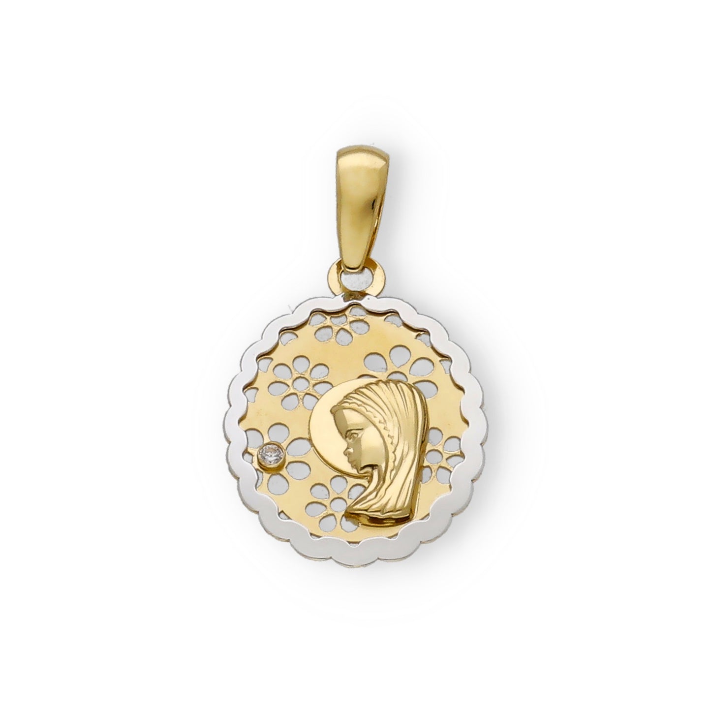 Medalla Virgen Niña María 1ª Comunión oval calada Bicolor 18k