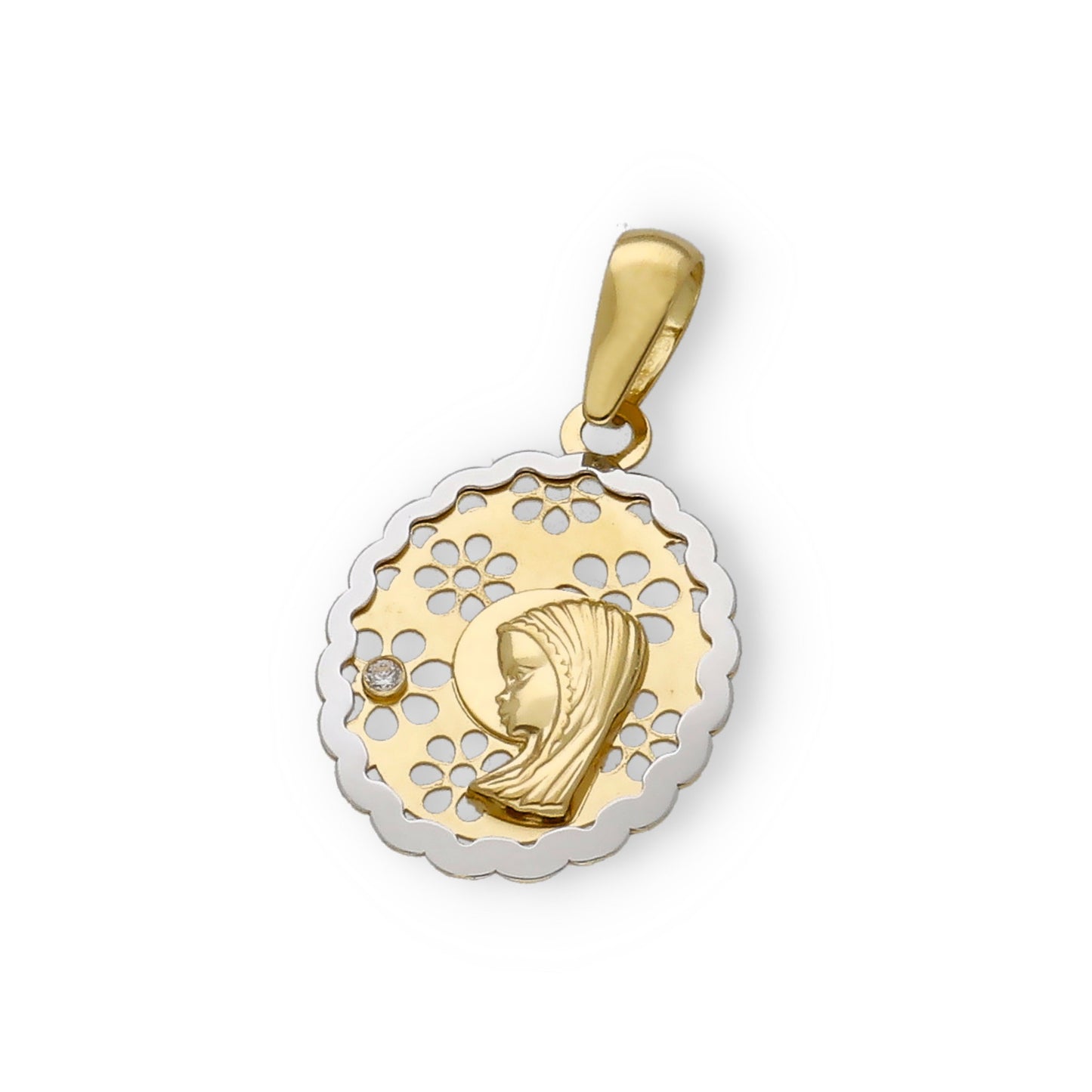Medalla Virgen Niña María 1ª Comunión oval calada Bicolor 18k