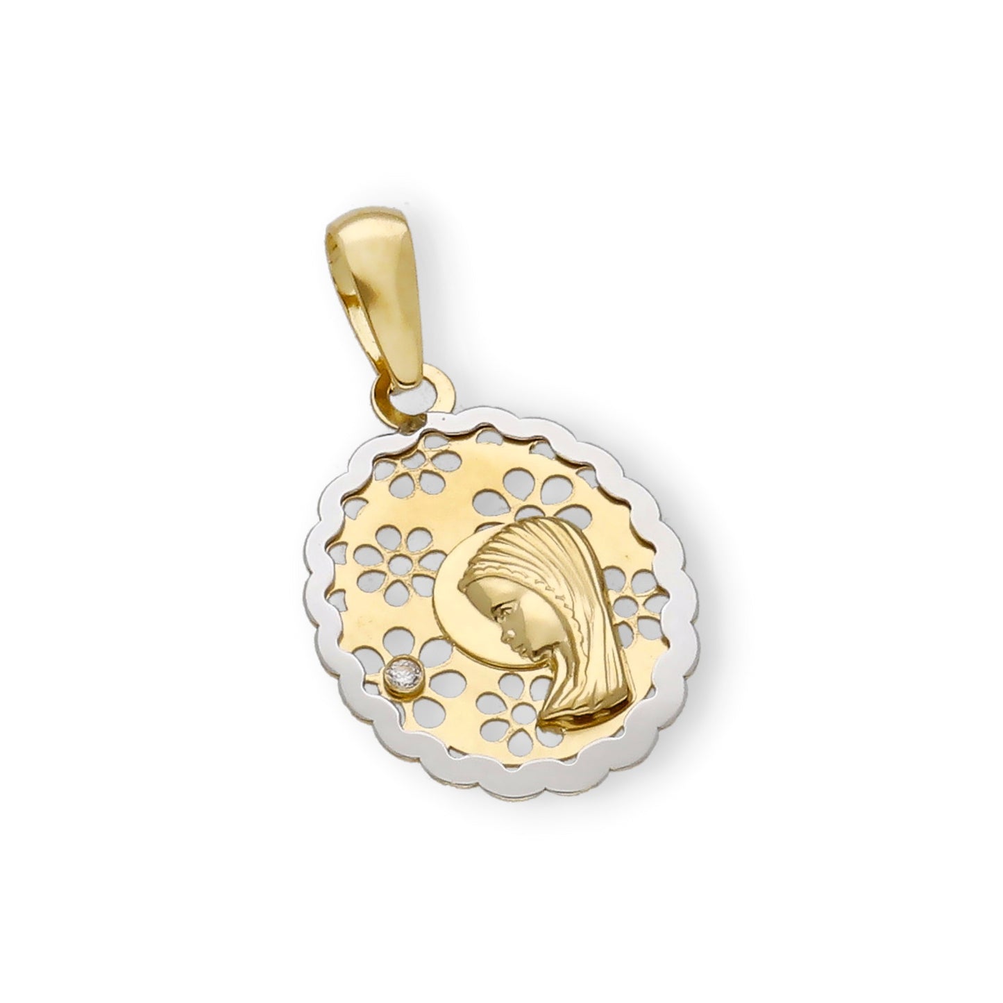 Medalla Virgen Niña María 1ª Comunión oval calada Bicolor 18k