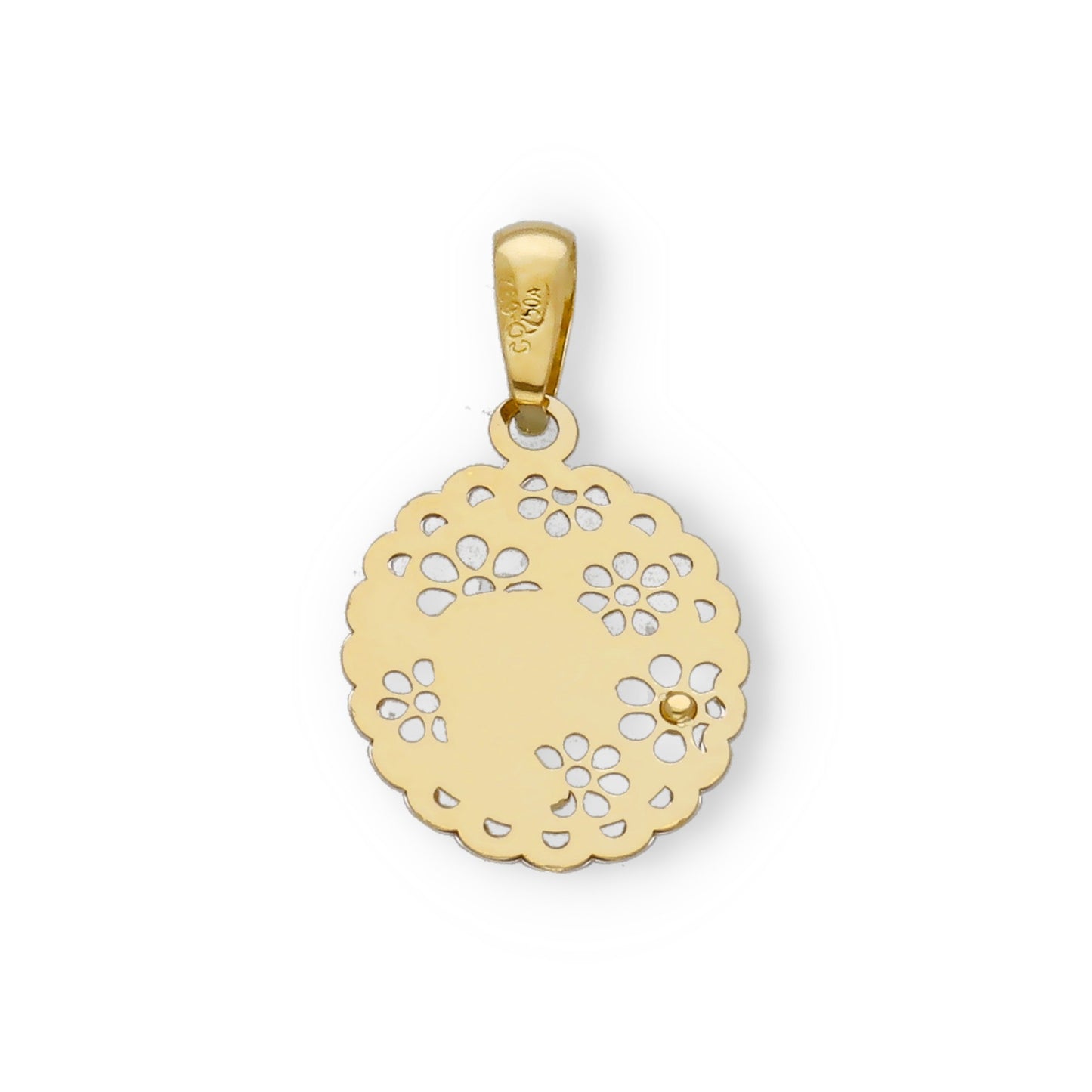Medalla Virgen Niña María 1ª Comunión oval calada Bicolor 18k