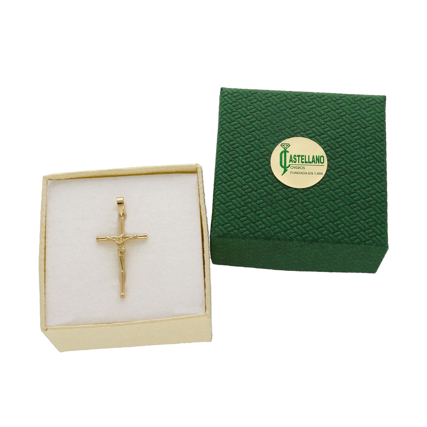 Cruz de Tubo con Remaches y Cristo Inri Grande en Oro 18K