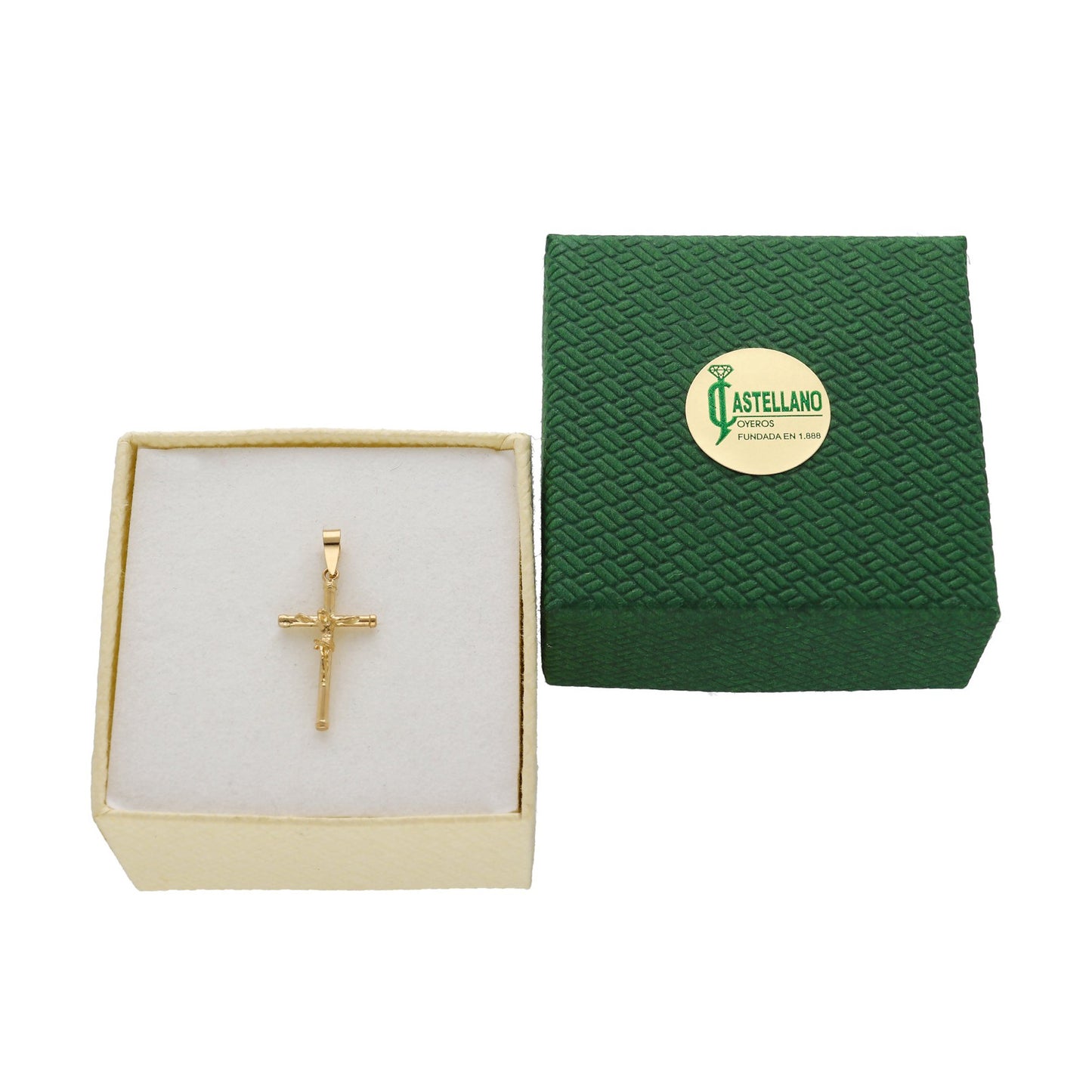 Cruz de Tubo con Remaches y Cristo Inri Pequeña en Oro 18K
