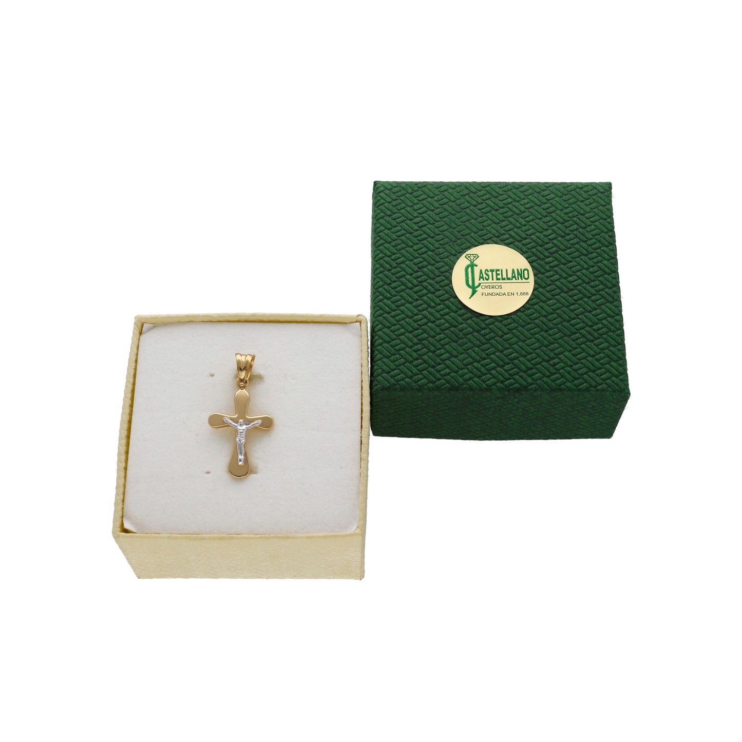 Cruz Bicolor Con Cristo Puntas Redondeada Oro 18K
