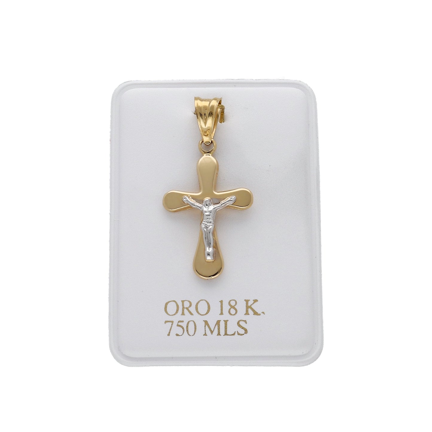 Cruz Bicolor Con Cristo Puntas Redondeada Oro 18K