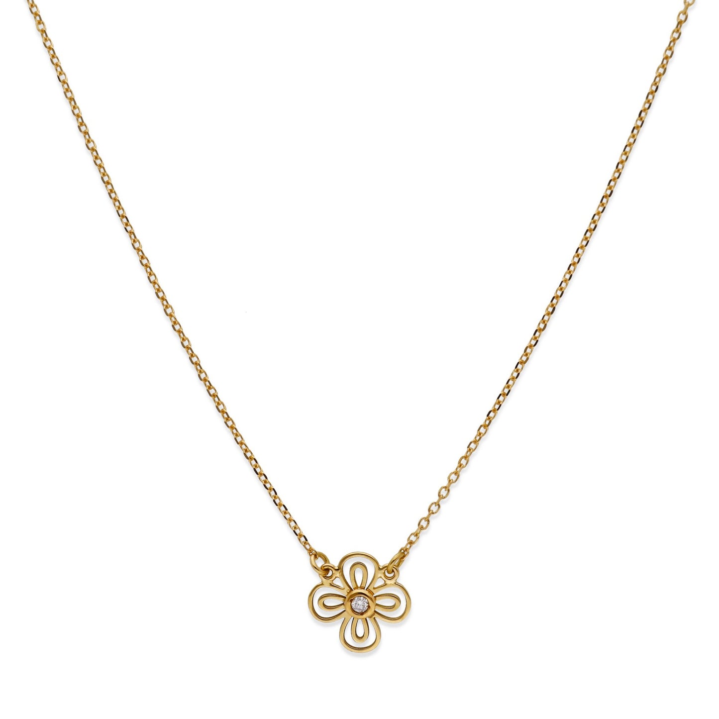 Gargantilla Flor Calada con Diamante central en Oro de Ley 18K