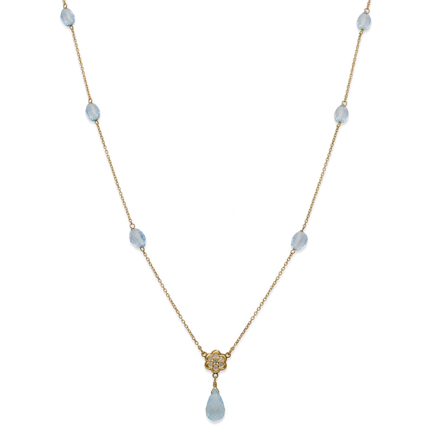 Collar Largo con Diamantes y Topacios Azules en Oro de Ley