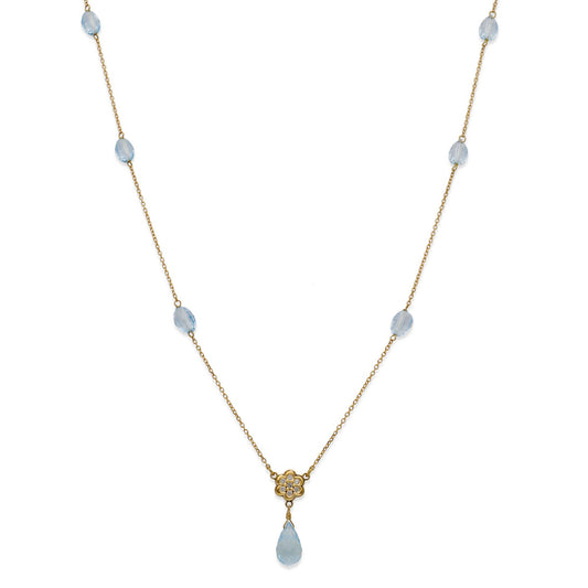Collar Largo con Diamantes y Topacios Azules en Oro de Ley