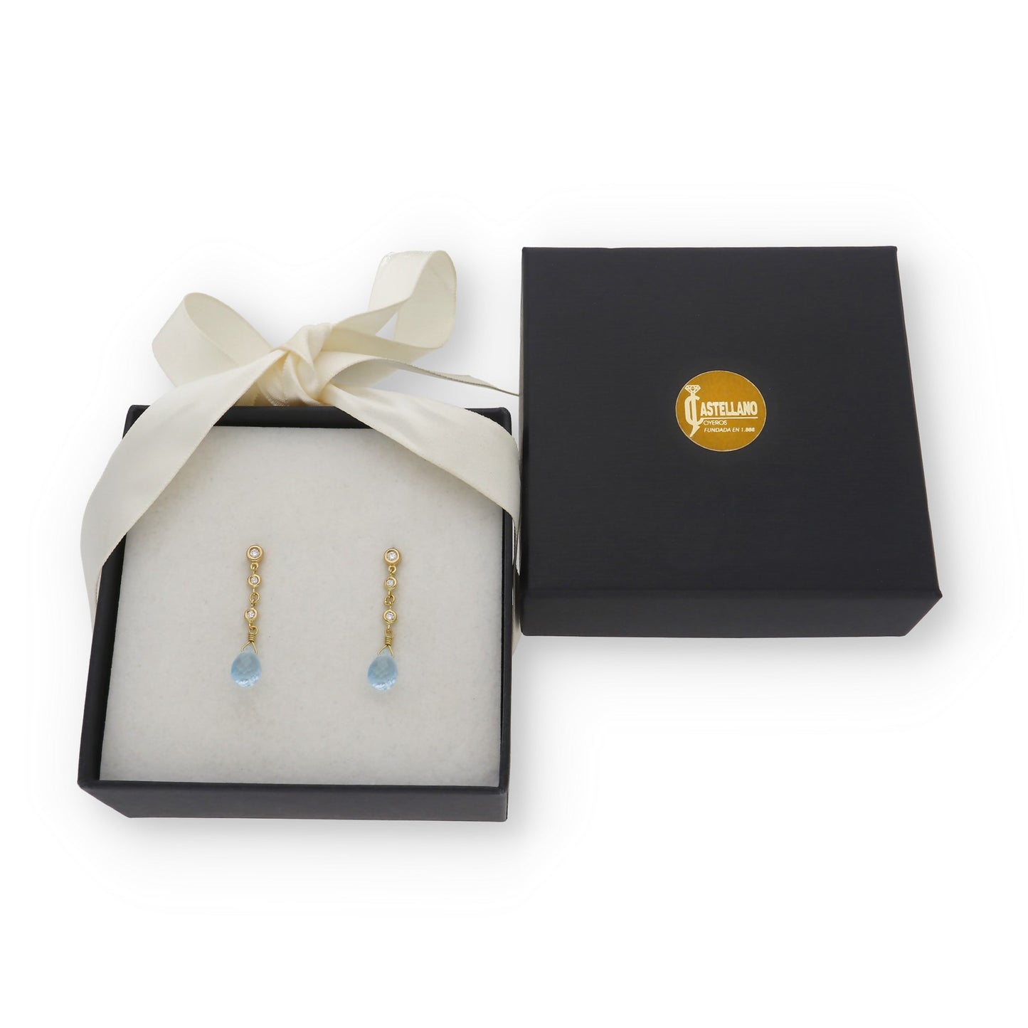 Pendientes Triadama en Oro de Ley 18K con Diamantes y Topacios Azules Facetados