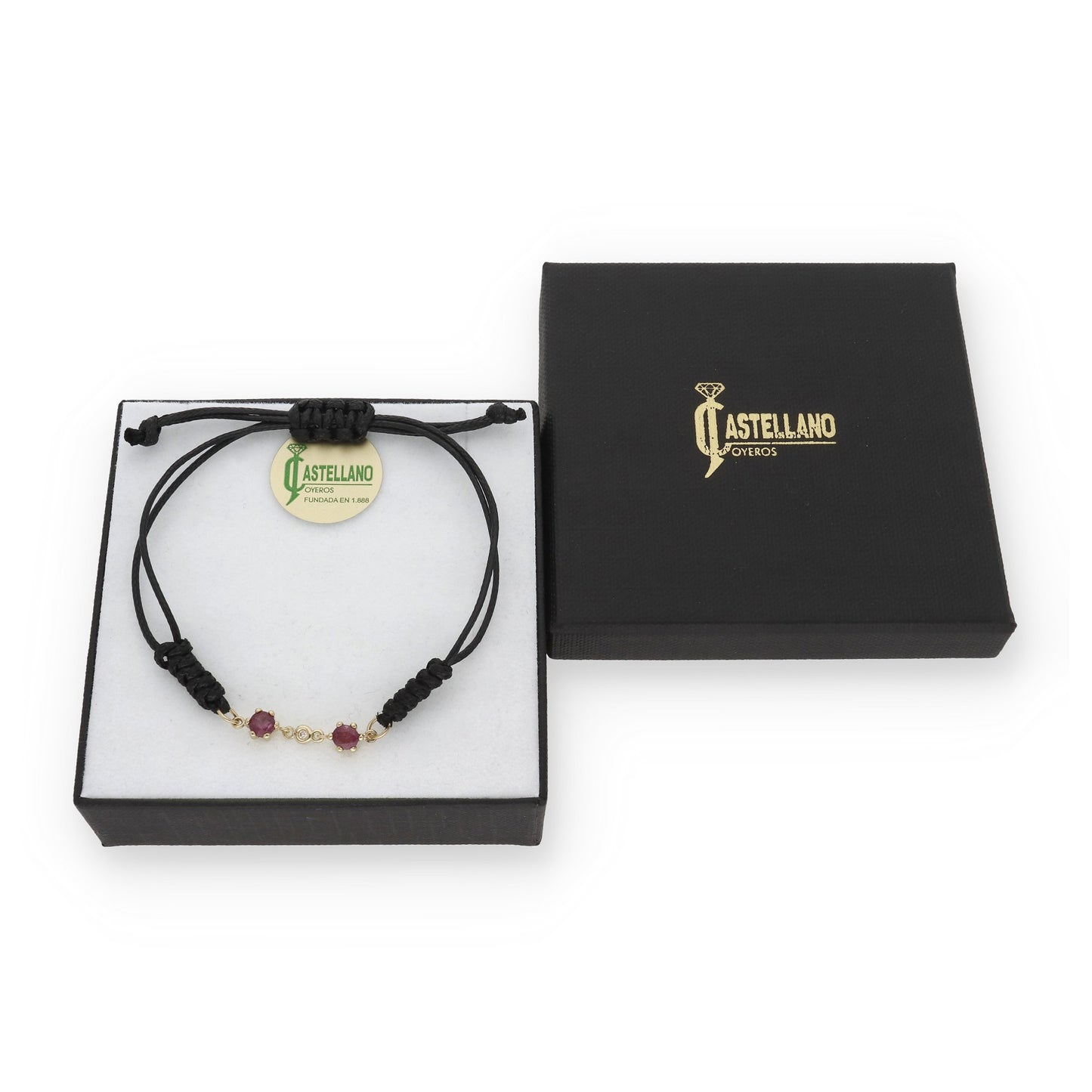 Pulsera Macramé en Oro de Ley 18K con Rubíes y Diamante Central