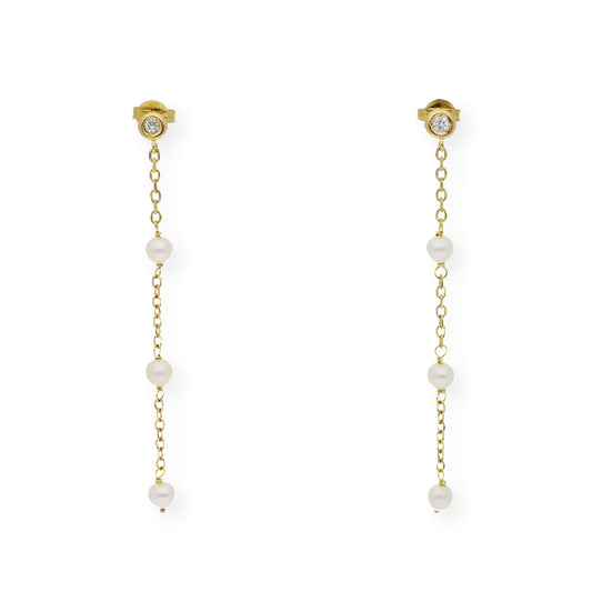 Pendientes Fons en Oro de Ley 18K con Cadena de Perlas y Diamante