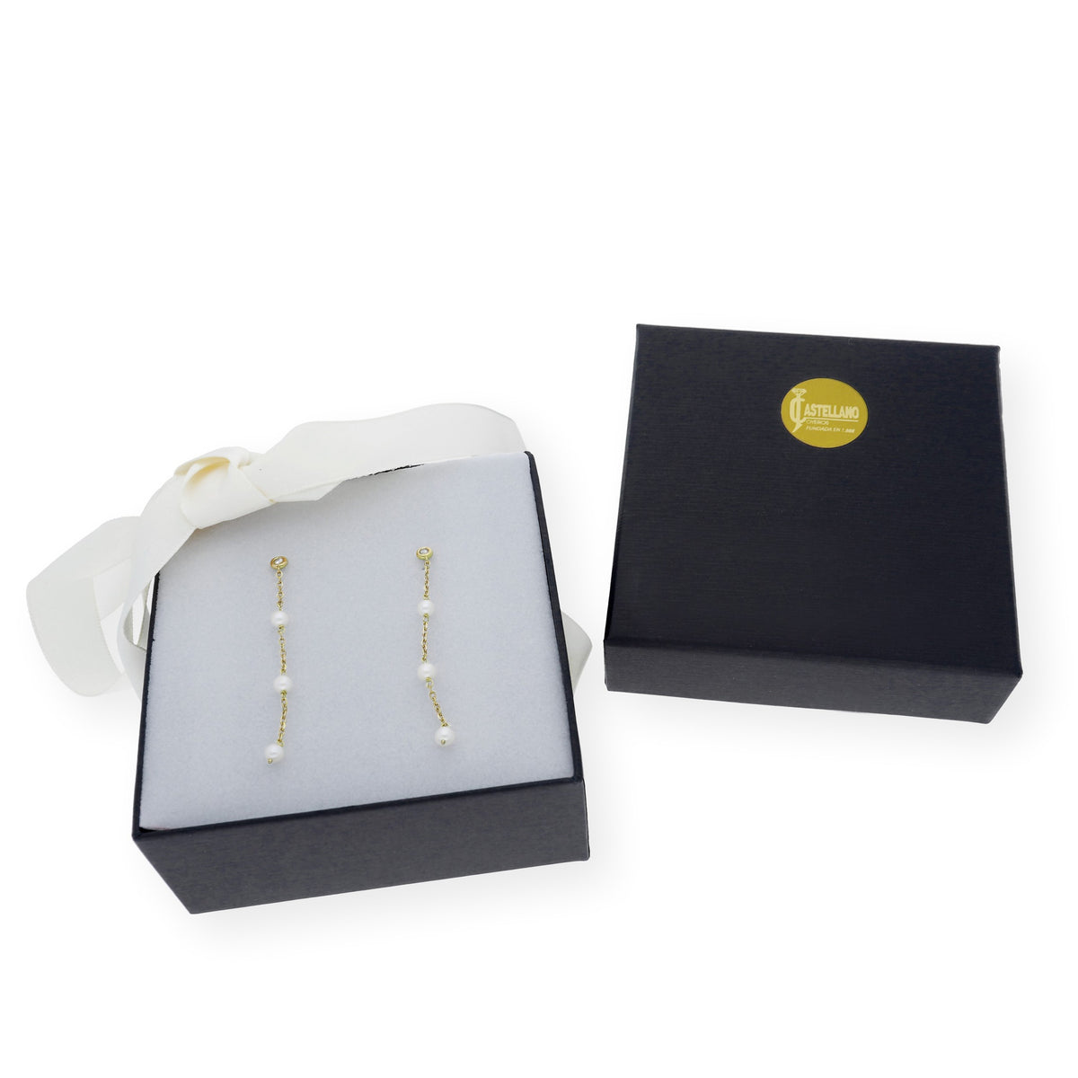 Pendientes Fons en Oro de Ley 18K con Cadena de Perlas y Diamante